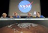 Team members, from left, Ed Weiler, Charles Elachi, Peter Smith and project manager Barry Goldstein conduct a news conference at Jet Propulsion Laboratory in Pasadena, Calif. as they discuss NASA's Phoenix Mars Lander after it landed safely on Mars near its north pole, Sunday, May 25, 2008. 