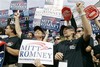  Mitt Romney for president supporters Keri Tomeu, left, and Jackie Robinson, right, both of West Palm Beach, Fla., cheer with fellow supporters at the Iowa Straw Poll, Saturday, Aug. 11, 2007, in Ames, Iowa. (mb1) 