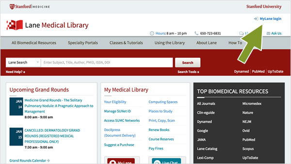 A screenshot of Lane Library homepage with arrow pointing to MyLane button