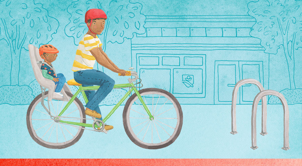 Illustration of a man and a boy on bike